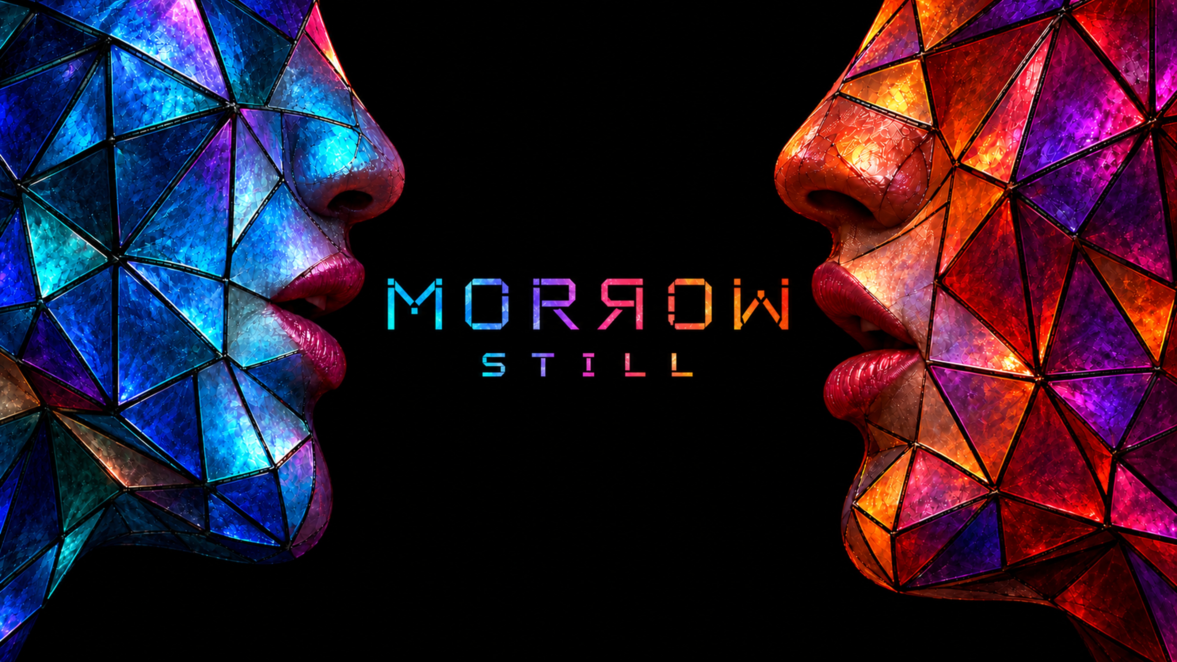 Sacha Morrow banner with colorful geometric faces