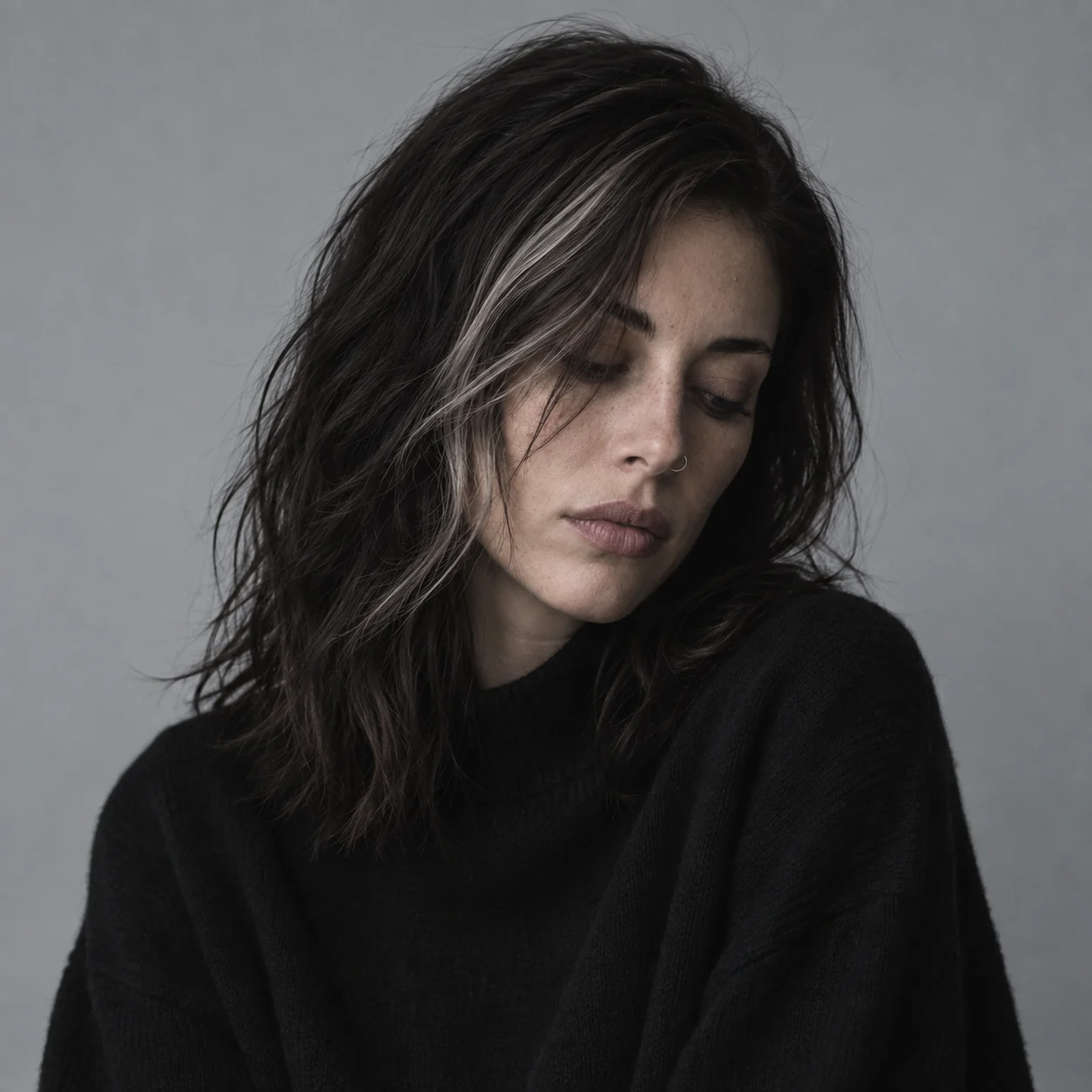 Portrait of Sacha Morrow against a gray background, looking down