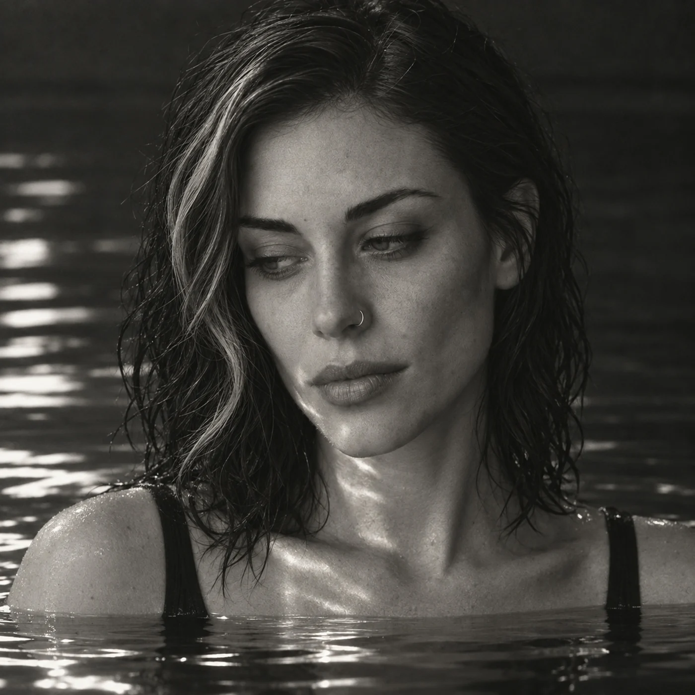Black-and-white portrait of Sacha Morrow in water
